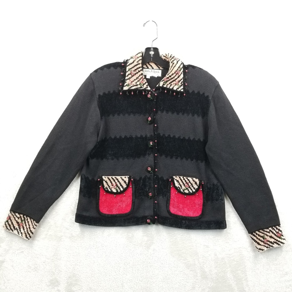 Vintage Cardigan Women L Black Red Beaded Fringe Rose Funky Colorful Art Sweater